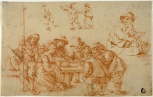 Skizzen von Bauern beim Würfeln und Schlittschuhlaufen; Skizze eines Jungen auf einem Schlitten von Adriaen van Ostade