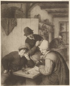 Drei Bauern und eine Frau an einem Tisch von Adriaen van Ostade