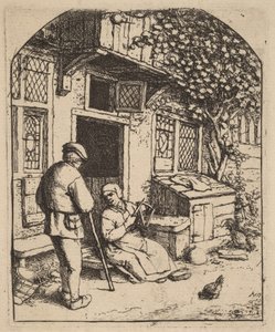 Zwei Bauern vor einem Haus, die Frau wickelt Wolle von Adriaen van Ostade