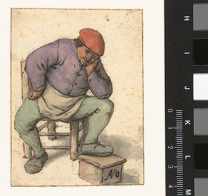 Sitzender Mann, der seinen linken Fuß auf einen Fußwärmer stützt von Adriaen van Ostade