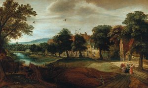 Eine bewaldete Flusslandschaft mit Dorfgebäuden und Abraham und den drei Engeln