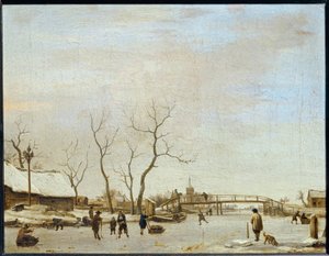Gefrorener Fluss mit Schlittschuhläufern und Hockeyspielern von Adriaen van de Velde