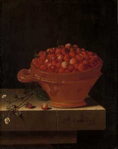 Eine Schale Erdbeeren auf einem Steinpostament, 1696 von Adrian Coorte