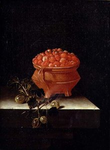Erdbeeren und Stachelbeeren auf einem Steinsims von Adrian Coorte