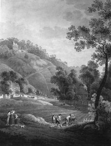 Blick auf Schloss Pillnitz mit dem Garten und der künstlichen Ruine, um 1792