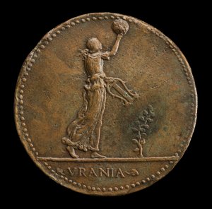 Urania geht nach rechts, hält einen Globus und eine Lyra [Rückseite], 1488 oder später