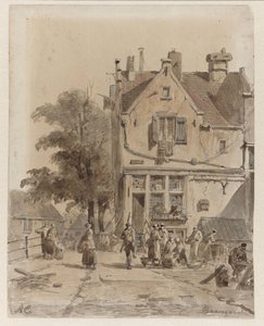Ansicht einer Brücke über die Baangracht in Amsterdam, mit Lebensmittelhändlern von Adrianus Eversen