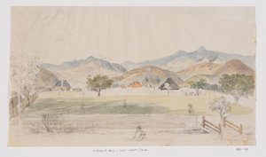 Landschaft und Blick auf Häuser und Dorfplatz, West-Java