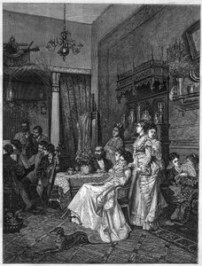 Amateurkonzert in einem Künstleratelier. Gravur nach dem Gemälde von Adrien Moreau in „Das illustre Universum“ von Adrien (after) Moreau