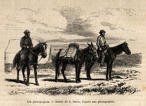 Fotografen der amerikanischen geologischen Mission, zu Pferd, sorgfältig verpacktes Material bereit für eine neue Etappe, Gravur nach der Zeichnung von A. Marie, zur Illustration einer Reihe von geografischen Missionen durch den United States National Park
