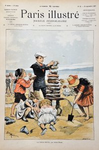 Der Eiffelturm. Eine Gruppe von Kindern spielt am Strand und baut eine Nachbildung des Eiffelturms mit Steinen und Sand. Illustration von Adrien Marie (1848-1891). Gravur von 1887 in „Paris-Illustrous journal weekly“.