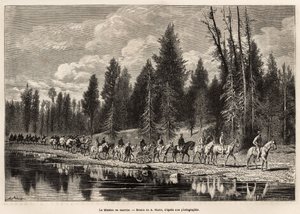 Die gesamte geografische Mission, auf dem Weg zum Mount Hayden, entlang des Henri River, graviert nach der Zeichnung von A. Marie, zur Illustration einer Reihe geografischer Missionen durch den Nationalpark der Vereinigten Staaten, von 1870 bis 1872, von M von Adrien Emmanuel Marie