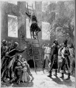 Theateraufführung: „Dreiundneunzig“ von Paul Meurice (1818-1905) nach Victor Hugo (1802-1885). Das Feuer der Tourgue (10. Gemälde): der Marquis de Lantenac, nachdem er das Leben der Kinder der Flecharde gerettet hat, gibt sich hin