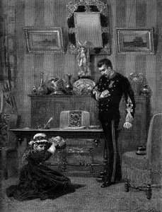 Theateraufführung: „Der Sohn von Coralie“ von Albert Delpit (1849-1893) mit Aimee Jeanne Tessandier (1851-1923) (Coralie) und Lucien Guitry (1860-1925) (Daniel). Paris, Théâtre du Gymnase