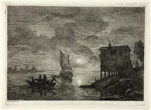 Hafen bei Mondschein mit Fähre