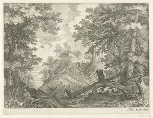 Waldlandschaft mit zwei Jägern und einem Hund