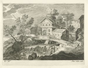 Gasthaus und einige Häuser bei einer Brücke von Egidius  Sadeler (II)