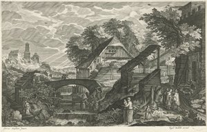 Häuser neben einem Fluss (Acht Landschaften in Böhmen) von Egidius  Sadeler (II)