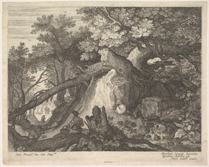 Ein Mann mit einem Stab sitzt auf einem Baumstamm, mit zwei Ziegen zu beiden Seiten, ca. 1600