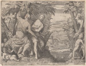 Angelica und Medoro, sie stehen neben einem Bach, während Medoro ihre Namen in einen Baum schnitzt, 1590-1598