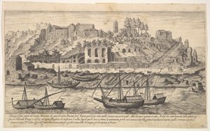 Ansicht von Westen der Ruinen des Aventin-Hügels, Rom, mit Booten auf dem Fluss