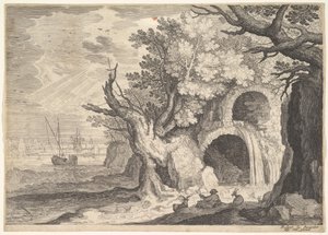 Ruiniertes Aquädukt mit Wasser, das in einen darunter liegenden Bach fließt, Schiffe auf dem Meer dahinter, eine..., ca. 1600