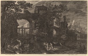 Nächtliche Landschaft mit Flussfischern vor Stadtmauern