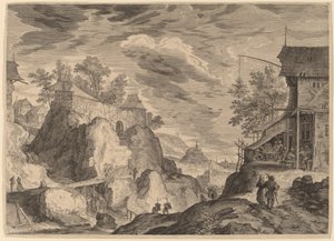 Landschaft mit Gasthaus rechts und Haus auf Felsen links von Aegidius Sadeler II after Roelandt Savery
