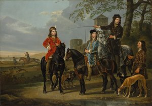 Reiterporträt von Cornelis und Michiel Pompe van Meerdervoort mit ihrem Tutor und Kutscher, auf der Jagd