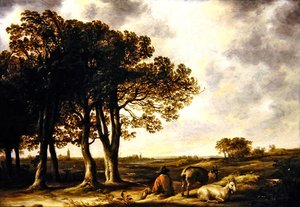 Ziegenhirte in der Landschaft, mit Blick auf Amsterdam in der Ferne von Aelbert Cuyp