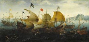 Die Schlacht von Cádiz (Niederländische und englische Schiffe greifen die spanische Armada an) von Aert Anthonisz