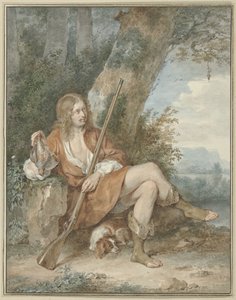 Rastender Jäger mit Muskete und Rebhuhn, bei einem Baum von Aert Schouman