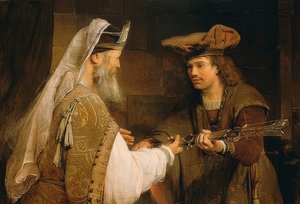 Ahimelech überreicht David das Schwert Goliaths von Aernt de Gelder
