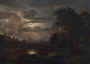 Mondscheinlandschaft mit Brücke von Aert van der Neer