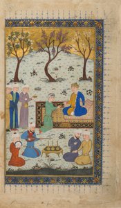Seite aus einem unidentifizierten Text; verso: Ein Prinz auf dem Thron umgeben von Dienern, Herat, Afghanistan, ca. 1425-30 von Afghan School