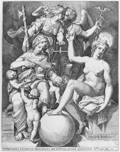 Allegorie des Psalms von David, Misericordia füttert vier Kinder von After Agostino Carracci.
