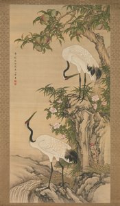 Kraniche, Pfirsichbaum und chinesische Rosen, frühes 18. Jahrhundert