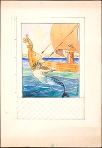 Illustration zu Oehlenschläger mit Meerjungfrau und einem König auf einem Schiff, eingefasst in einen Rahmenentwurf