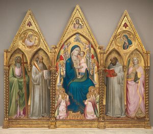 Madonna und Kind mit den Heiligen Andreas, Benedikt, Bernhard und Katharina von Alexandria mit Engeln [gesamtes Triptychon] von Agnolo Gaddi