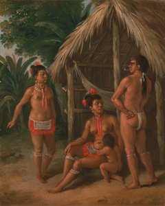 Eine Karibenfamilie der Leeward-Inseln vor einer Hütte, ca. 1780