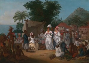 Ein Leinenmarkt mit einem Leinenstand und Gemüsehändler in Westindien von Agostino Brunias