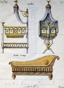 Babybett und Sofa, aus Lavori di falegname e Fabbro ideati e disegnati da me Agostino Fantastici, Manuskript 3, Tafel 38