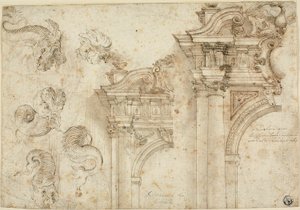 Blatt mit Skizzen: Seeungeheuer und aufwendige Portale (recto); Skizzen von architektonischen Details (verso)