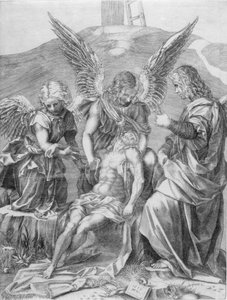 Der Leib Christi, unterstützt von drei Engeln, 1516 von Agostino Veneziano