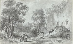 Landschaft mit Bauern vor einem Gasthaus von Aignan Thomas Desfriches