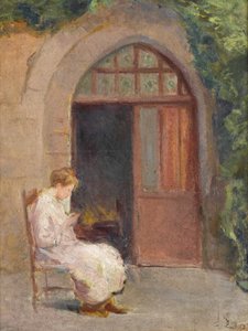 Mädchen sitzt außerhalb von La Boissiere von Albert de Belleroche