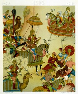 Kriegskostüme des 16. Jahrhunderts in Indien. Chromolithographische Platte - in „Le costume historique“ von Racinet von Albert Charles August Racinet