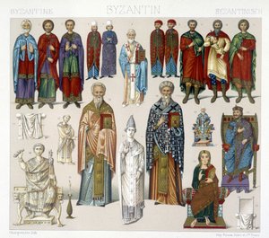 Byzantinische Kostüme. Illustration in „The historical costume“ von Racinet