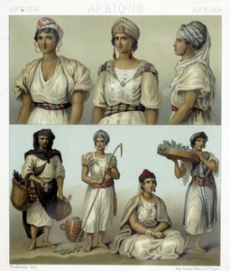Kostüme und Kopfbedeckungen der Kabyl-Frauen (oben). Tunesische und algerische Kostüme (unten). Illustration in „Le costume historique“ von Racinet