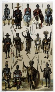 Kostüme von Guinea, Senegal und Gabun. Illustration in „Le costume historique“ von Racinet von Albert Charles August Racinet